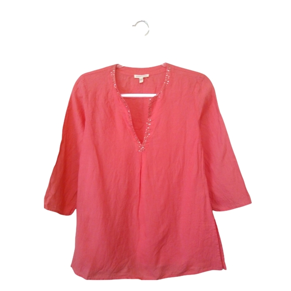 Eileen Fisher Womens Coral Pink 100% Irish Linen Sequin V-Neck Boho Tunic Top XS - Picture 4 of 16
